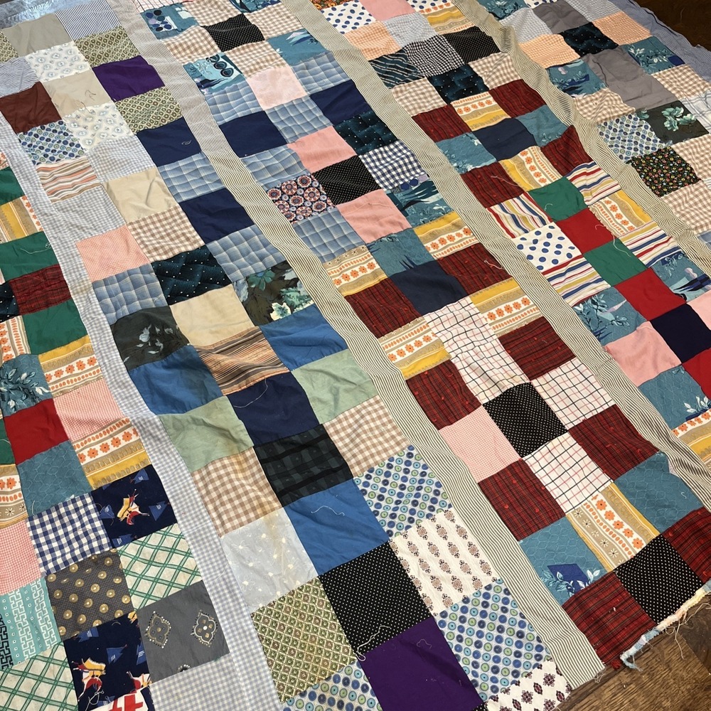 Vintage Quilt Top Only Handmade Unfinished 1970's Square Patchwork 71x68 READ